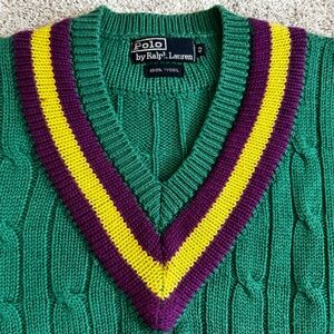 Polo Ralph Lauren Cricket Cable Wool Sweater Men 42. Green w/ Purple Yellow Trim